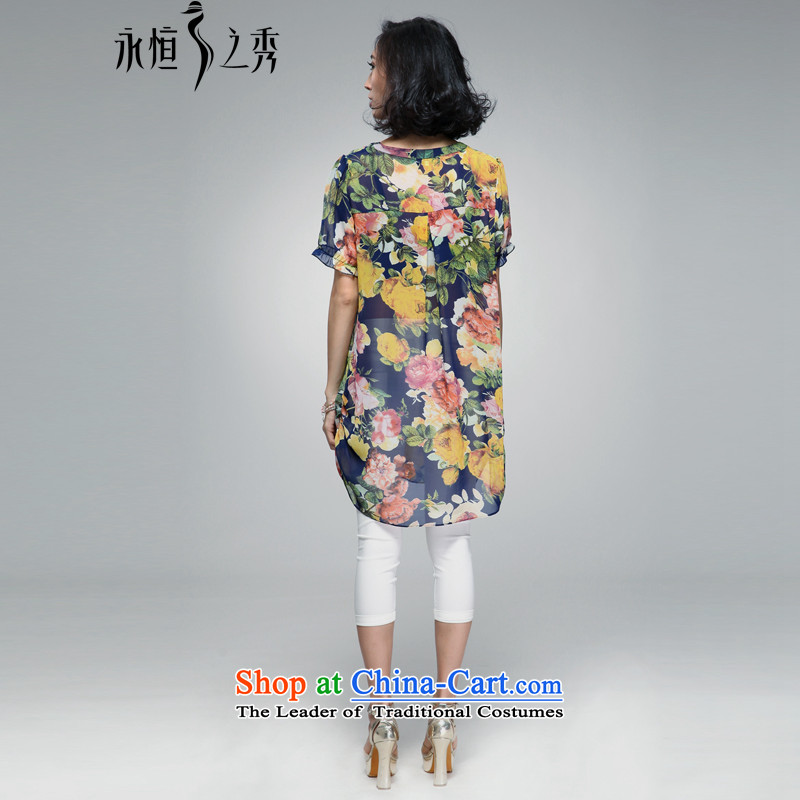 The Eternal Yuexiu Code women chiffon shirt thick sister 2015 Summer new product expertise, Hin thick mm thin, to intensify the stamp loose coat code retro blue XL, eternal Soo , , , shopping on the Internet