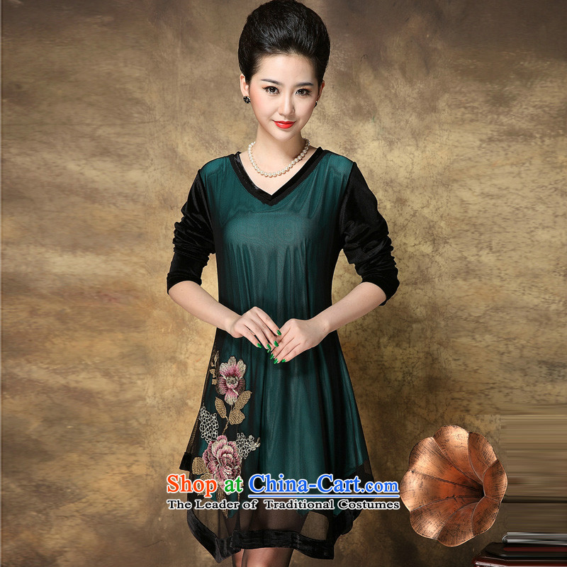 The sea route Flower Spring New gold velour long-sleeved V-Neck embroidery large nets dresses 4081-H dark green sea route to spend.... 2XL, shopping on the Internet