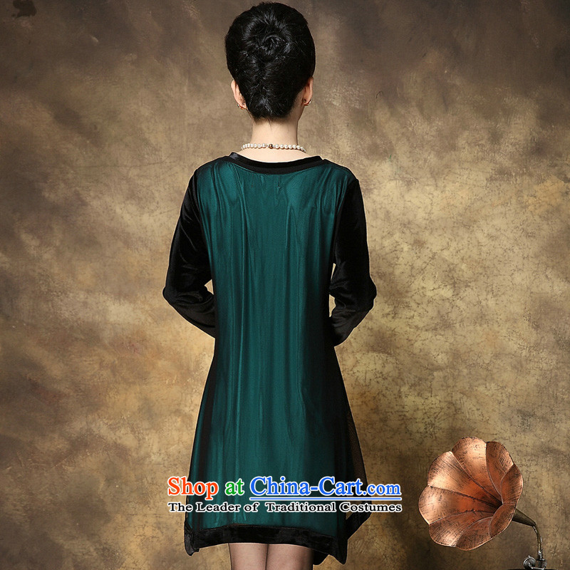 The sea route Flower Spring New gold velour long-sleeved V-Neck embroidery large nets dresses 4081-H dark green sea route to spend.... 2XL, shopping on the Internet