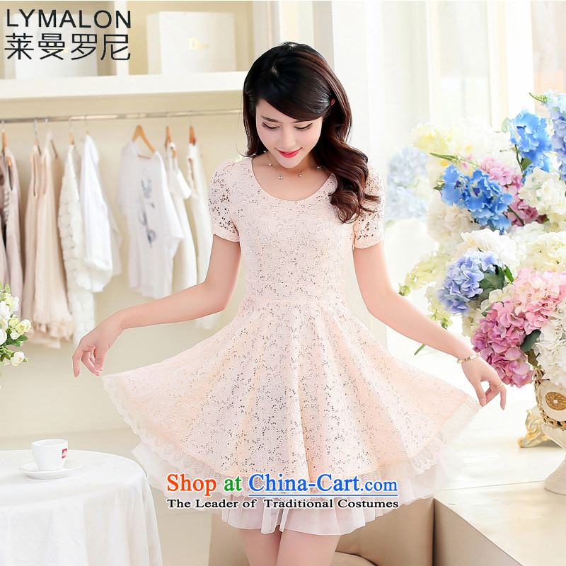 The lymalon Lehmann 2015 Summer new larger female Korean version of the video and slender skirts thick lace short-sleeved dresses 672 m White XXL