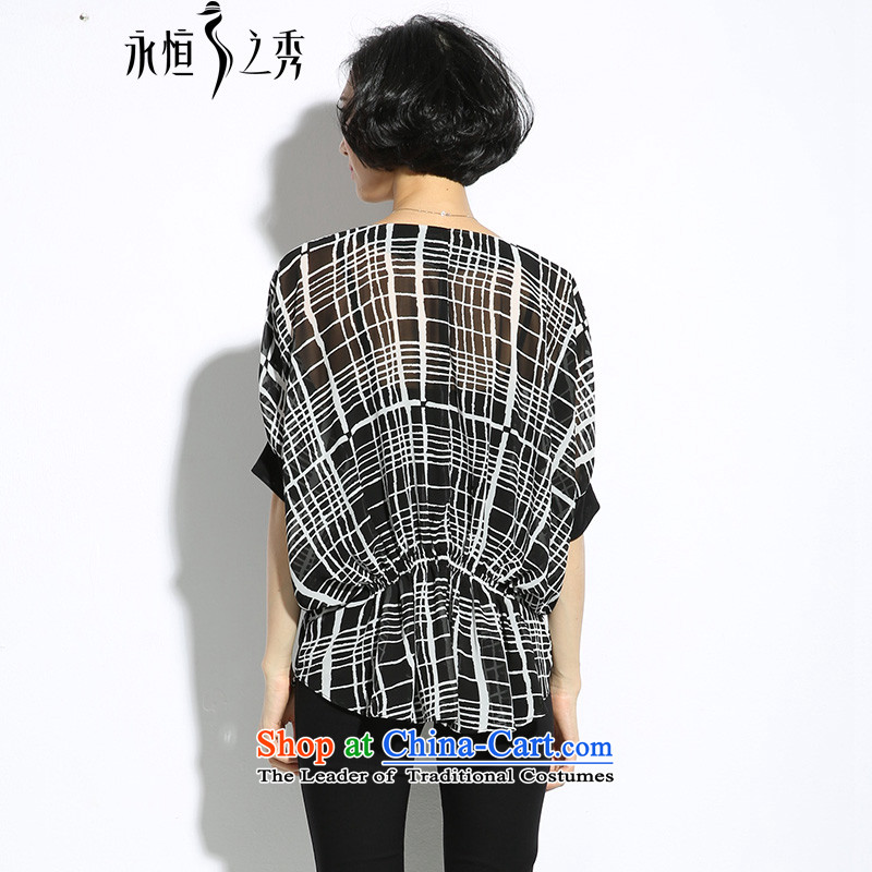 The eternal summer 2015, Sau thick mm new Korean version of large numbers of ladies V-neck in the black-and-white Plaid Print Foutune of video thin black shirt 2XL, relaxd the eternal Soo , , , shopping on the Internet