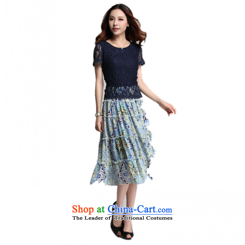 C.o.d. Package Mail 2015 Summer new stylish casual temperament classic code thick Mei lace stitching Bohemia chiffon small large floral dresses blue XXXXL, land still El Yi shopping on the Internet has been pressed.