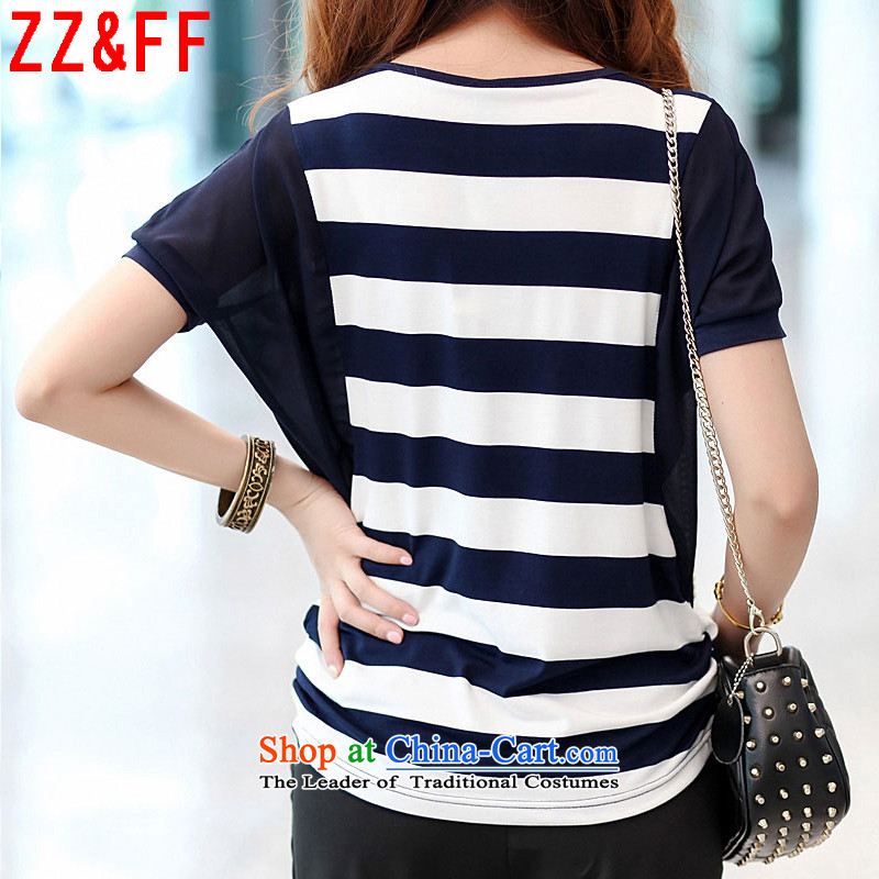 The new summer 2015 Zz&ff larger stripe round-neck collar short-sleeved T-shirt female DX8550 Sau San dark blue L,zz&ff,,, shopping on the Internet