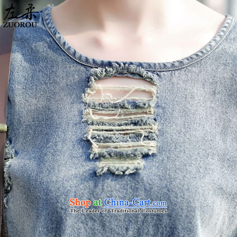 Sophie   2015 summer left Europe and the large number of the hole in the female denim dress strap dresses short-sleeve loose petticoat field denim dress Denim blue M left soft , , , shopping on the Internet