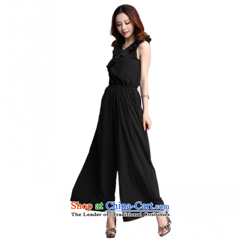 C.o.d. 2015 Summer new stylish classic Korean leisure temperament xl billowy flounces lace elastic waist V-neck shirt large black trousersXXXL Skort
