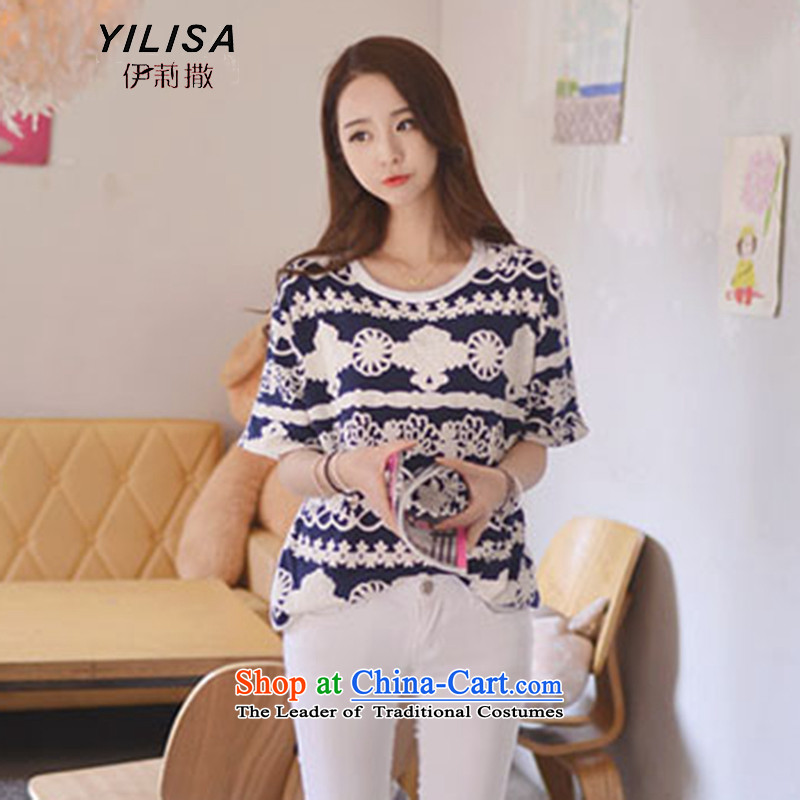 The new Korean YILISA2015 larger women's summer T-shirts female thick MM stitching pattern in long literary t-shirt shirt color picture H5137 female XL