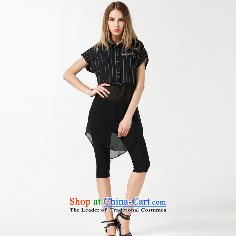 Rui Mei to larger women 2015 Summer new thick mm loose video thin stripes stitching short-sleeved shirt that chiffon long leave two T-shirts are 3 633 black -Us Rui XXXXL, RIUMILVE) , , , shopping on the Internet