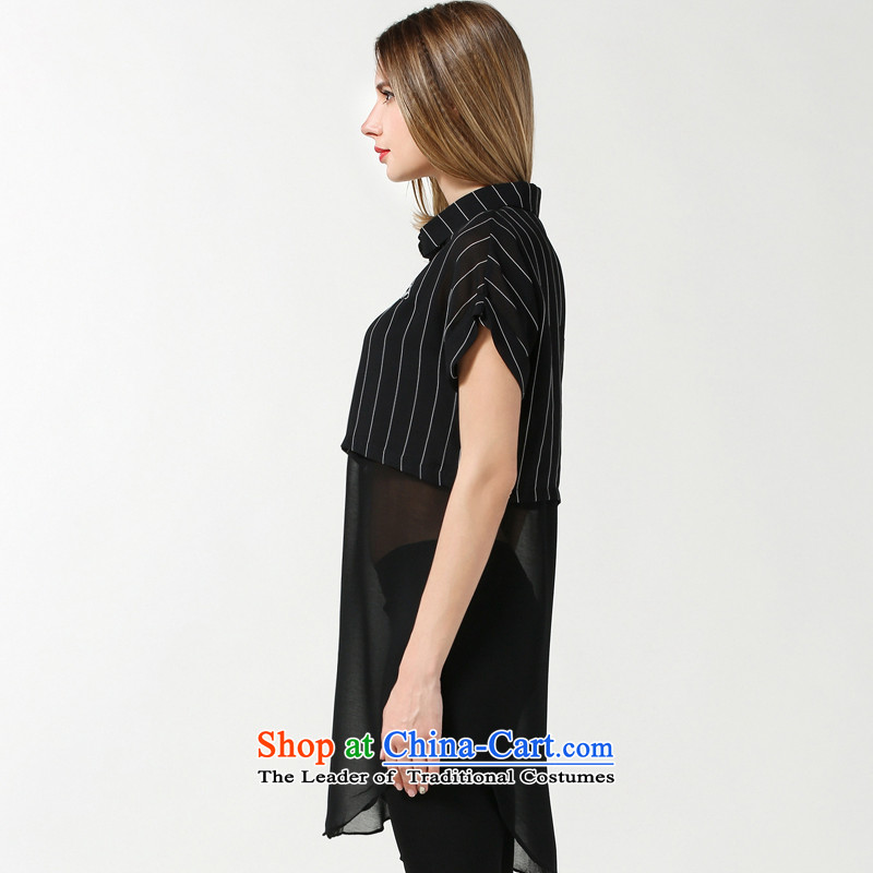 Rui Mei to larger women 2015 Summer new thick mm loose video thin stripes stitching short-sleeved shirt that chiffon long leave two T-shirts are 3 633 black -Us Rui XXXXL, RIUMILVE) , , , shopping on the Internet