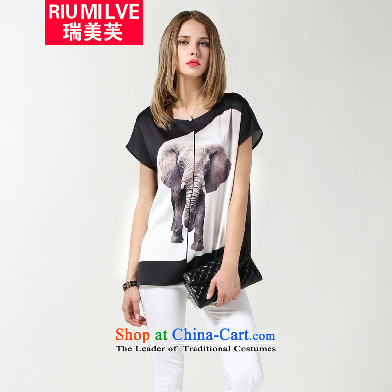 Rui Mei to larger female thick mm video thin new summer 2015 to intensify the liberal round-neck collar stamp short-sleeved T-shirt chiffon N3631 black XXXL T-Shirt