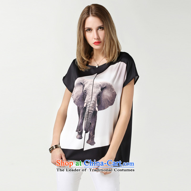 Rui Mei to larger female thick mm video thin new summer 2015 to intensify the liberal round-neck collar stamp short-sleeved T-shirt chiffon N3631 XXXL, black T-shirt, US stock (RIUMILVE) , , , shopping on the Internet
