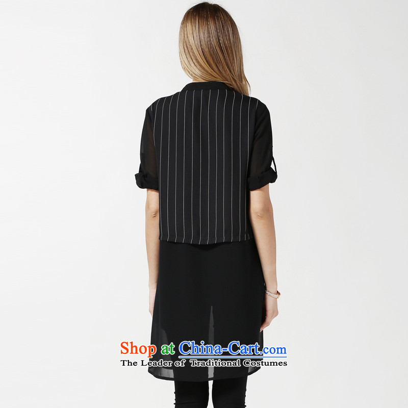 Rui Mei to larger female thick mm Summer 2015 Sau San new liberal video thin stripes stitching chiffon shirt that long jacket N3629 female black , L, the United States (RIUMILVE Rui be , , , shopping on the Internet)
