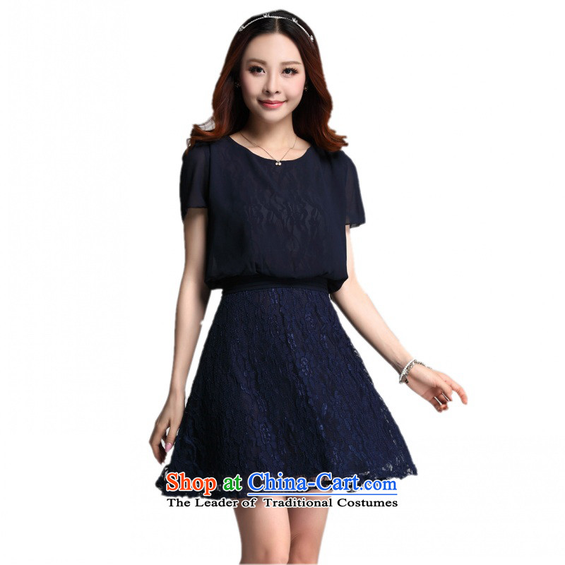 C.o.d. Package Mail 2015 Summer new stylish classic Korean leisure temperament xl thick MM Sau San lace leave two chiffon short-sleeved blue skirt XXL, land still El Yi shopping on the Internet has been pressed.