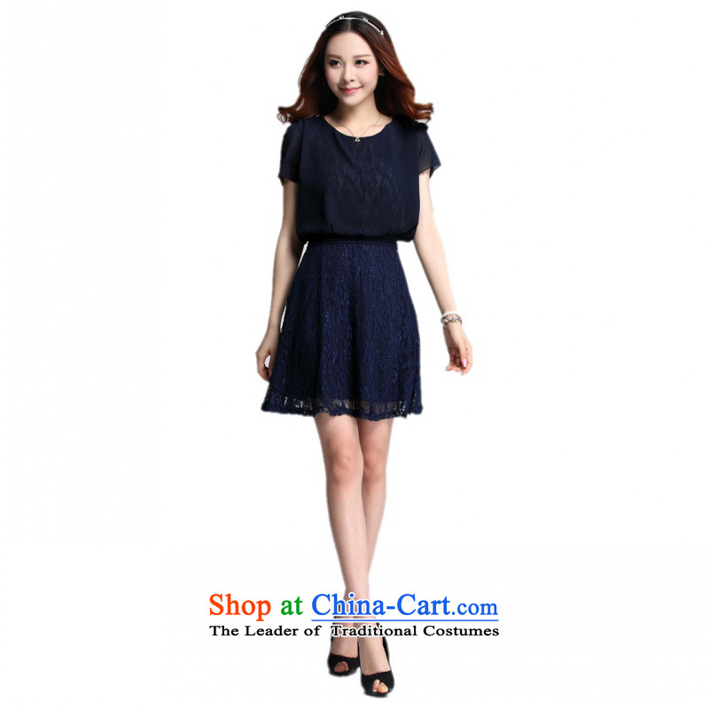 C.o.d. Package Mail 2015 Summer new stylish classic Korean leisure temperament xl thick MM Sau San lace leave two chiffon short-sleeved blue skirt XXL, land still El Yi shopping on the Internet has been pressed.