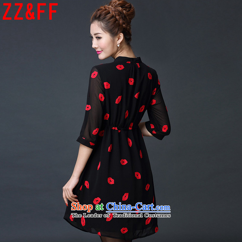 The new summer 2015 Zz&ff Europe version 7 to the maximum number of female decorated cuffs are graphics thin red lips chiffon shirt dresses Q5119 black L,ZZ&FF,,, shopping on the Internet