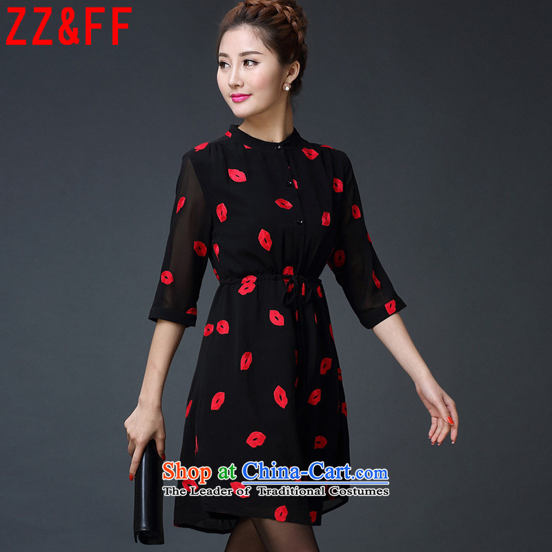 The new summer 2015 Zz&ff Europe version 7 to the maximum number of female decorated cuffs are graphics thin red lips chiffon shirt dresses Q5119 black L,ZZ&FF,,, shopping on the Internet