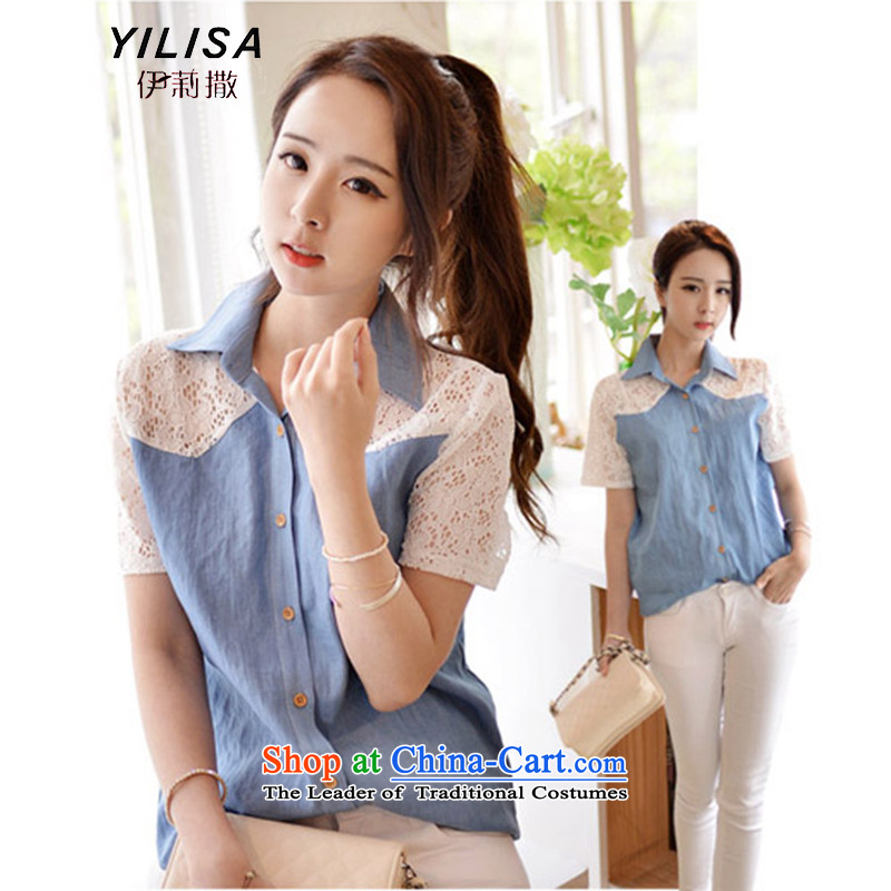 Elizabeth sub-new Korean version of large numbers of ladies summer cowboy stitching lace stylish and cozy summer shirt thick MM video thin fresh leisure short-sleeved shirt H5136 picture color XL, Elizabeth (YILISA sub-shopping on the Internet has been pr