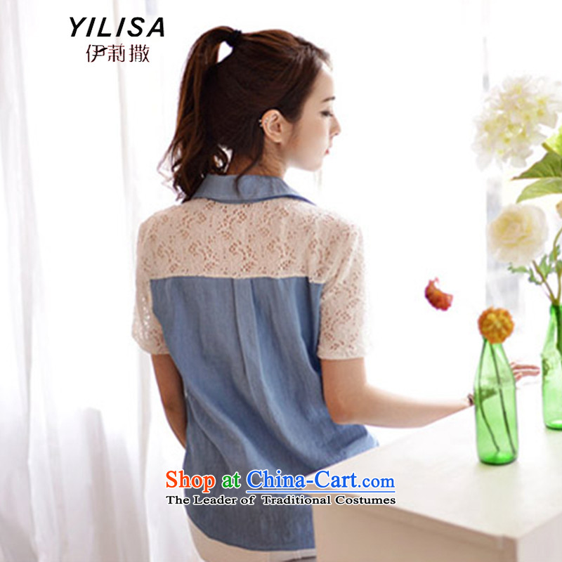 Elizabeth sub-new Korean version of large numbers of ladies summer cowboy stitching lace stylish and cozy summer shirt thick MM video thin fresh leisure short-sleeved shirt H5136 picture color XL, Elizabeth (YILISA sub-shopping on the Internet has been pr
