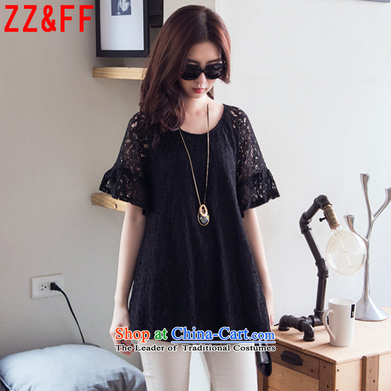 2015 Summer Zz_ff new larger female body lace shirt decorated female engraving T-shirt?T8579 female?black?XXL