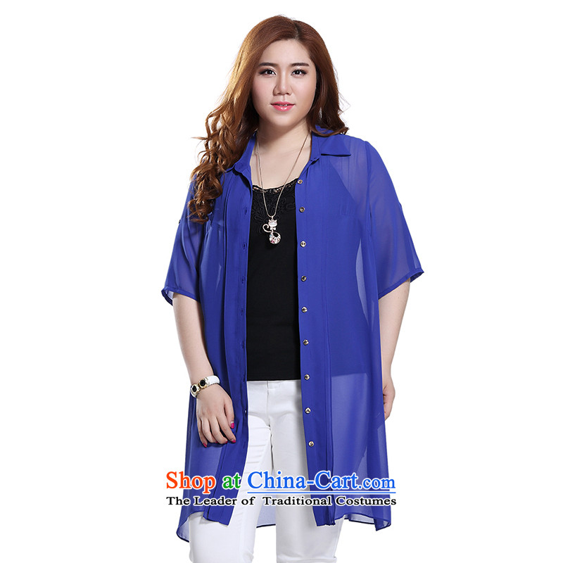 The former Yugoslavia Li Sau 2015 Summer new larger female pure color lapel of leisure facilities and a long-sleeved thin, long blue 2XL, Q8697 shirt Coat small Li Sau-shopping on the Internet has been pressed.