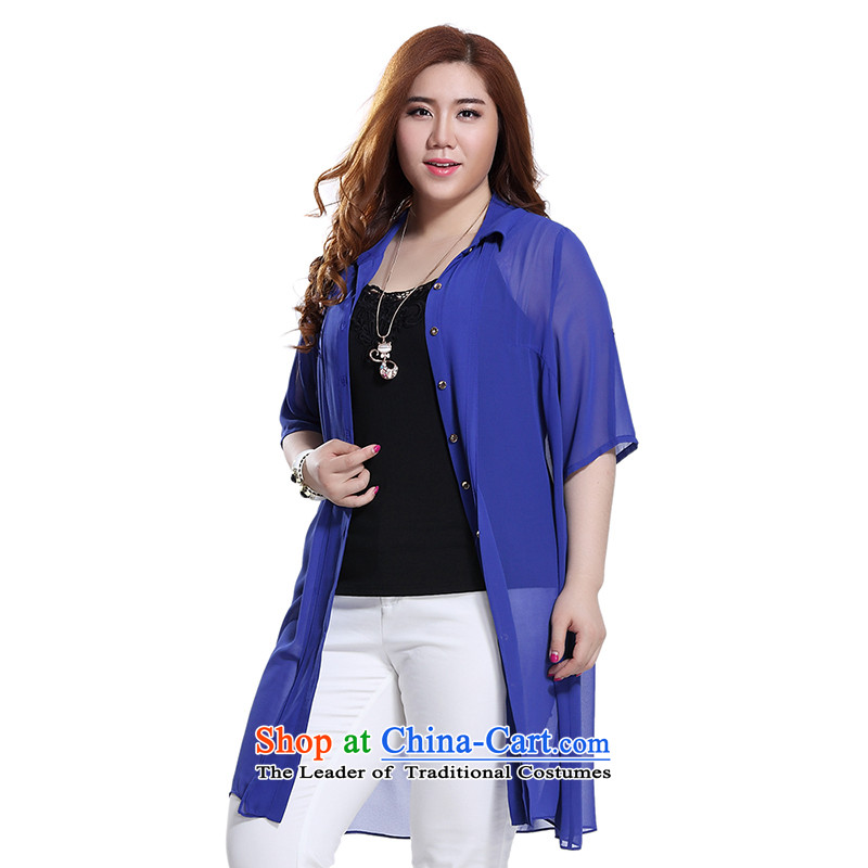 The former Yugoslavia Li Sau 2015 Summer new larger female pure color lapel of leisure facilities and a long-sleeved thin, long blue 2XL, Q8697 shirt Coat small Li Sau-shopping on the Internet has been pressed.