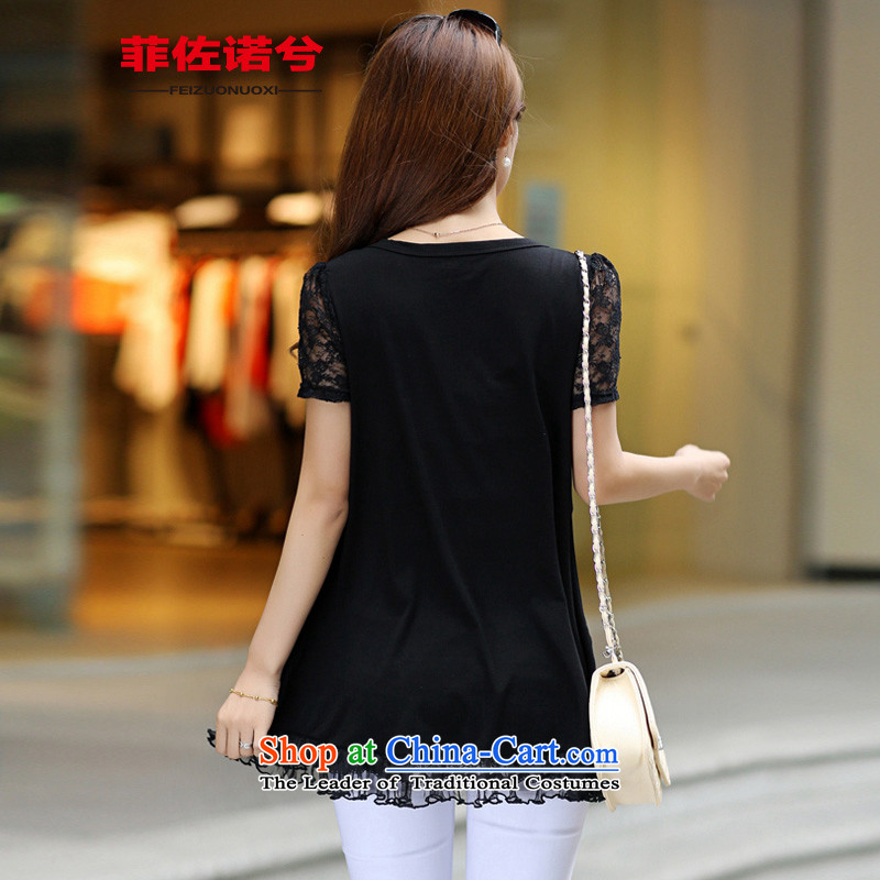 The officials of the fuseau larger female lace stitching short-sleeved T-shirt sister to thick cotton t-shirts XL Black , L, leisure dolls fuseau Mano turbid , , , shopping on the Internet