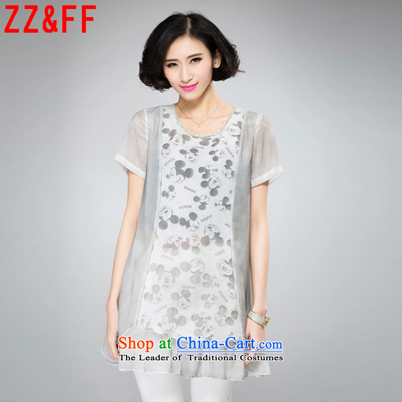 2015 Summer Zz_ff new larger female body chiffon shirt decorated female cartoon Mickey shirt female XFS8063 light gray XXL