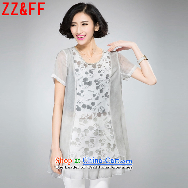 2015 Summer Zz&ff new larger female body chiffon shirt decorated female cartoon Mickey shirt female XFS8063 light gray XXL,ZZ&FF,,, shopping on the Internet