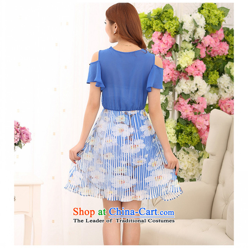 C.o.d. Package Mail 2015 smart casual temperament larger thick MM video thin atmosphere Sau San Women's Summer new chiffon dresses in shoulder elastic band waist blue , L'Yi Sang land has been pressed shopping on the Internet