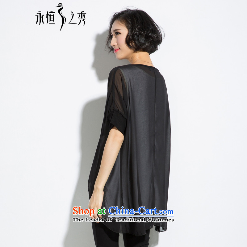 The eternal summer 2015, Sau thick mm new larger female ironing drill pearl chiffon stamp leave two T-shirts black 3XL, eternal Soo , , , shopping on the Internet