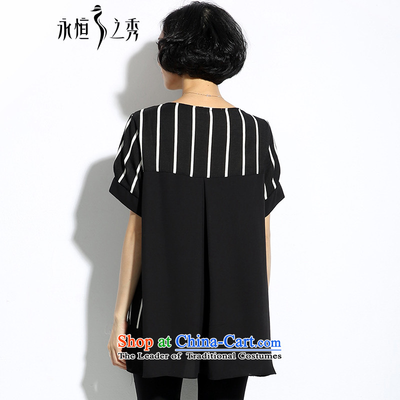 The eternal summer 2015, Sau thick mm new larger female cartoon images in black and white striped T-shirt thin graphics relaxd black and white color streaks 4XL, eternal Soo , , , shopping on the Internet