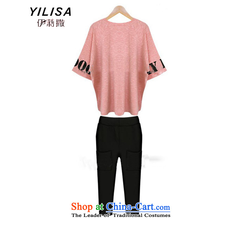 Ms. King sub-code female new summer t-shirt kit fat mm to intensify the loose video thin bat sleeves cartoon dog stamp t-shirt + 7 pants kit pink + and black trousers XL recommended weight, 100-125, the Reine (YILISA sub-shopping on the Internet has been