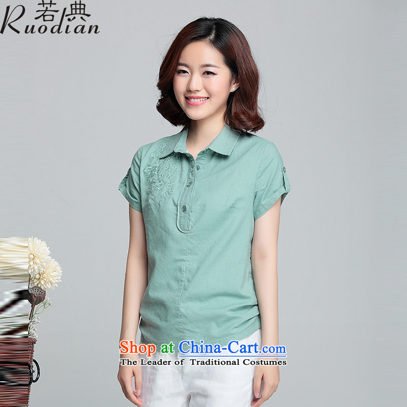 If Code?2015 Summer new liberal large short-sleeved cotton linen Korean Modern shirts blouses aqua-blue?2XL