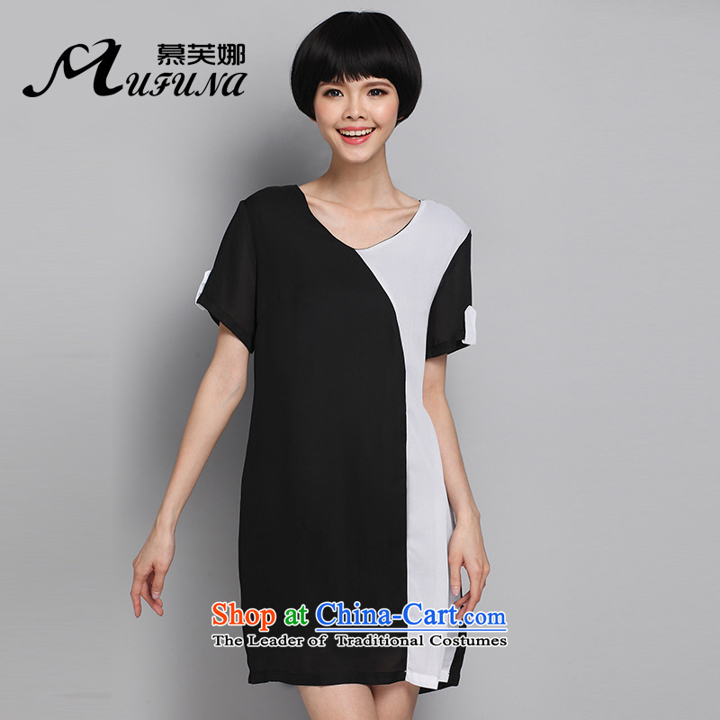Improving access of 2015 Summer new larger female thick Han version temperament stitching V-Neck chiffon skirt thick mm loose video thin dresses?2617th?Black?XL
