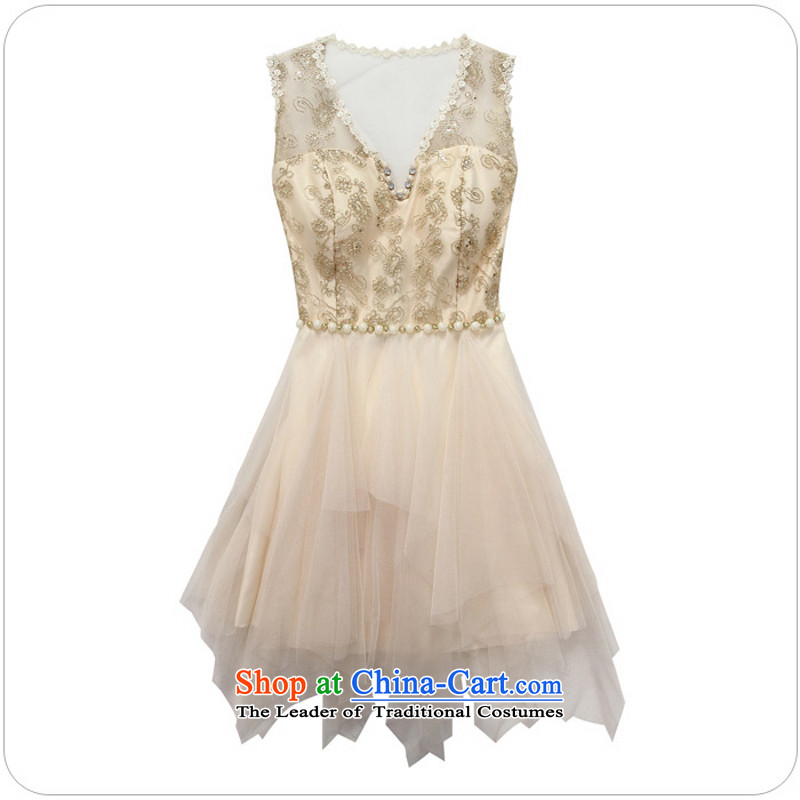 C.o.d. Package Mail 2015 Summer new stylish and elegant high-end atmospheric sexy bead chain V-Neck stylish irregular gauze evening dresses larger dresses champagne color code F, the land is still are El Yi shopping on the Internet has been pressed.
