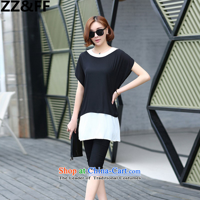 The new summer 2015 Zz_ff Korean version of fat mm trendy code women leave two T-shirts are black trousers Kit 9057 Black XXL