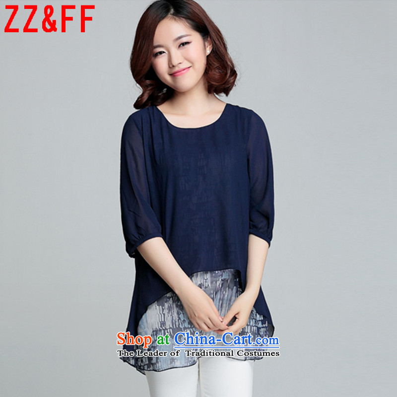 2015 Summer Zz_ff new larger women in long chiffon shirt girls     7 small shirt-sleeves blouse femaleXFS949 stampDark BlueM