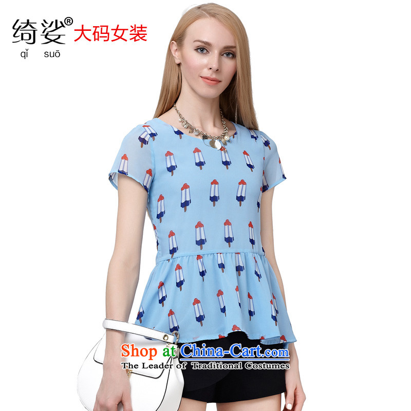 As provided for large female thick MM summer new sweet summer popsicle stamp graphics thin short-sleeved T-shirt chiffon Netherlands 2801 light blue L