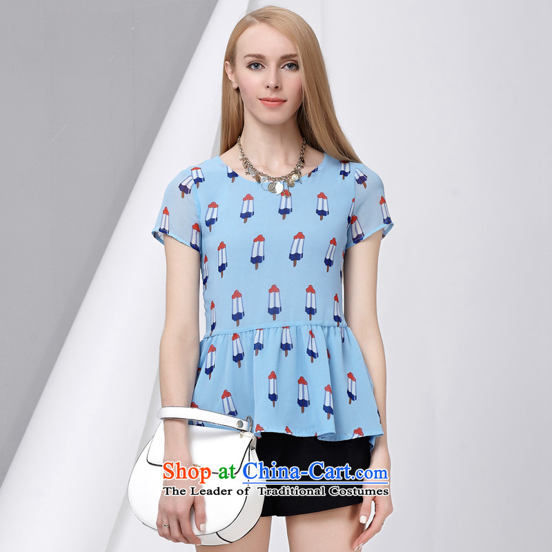 As provided for large female thick MM summer new sweet summer popsicle stamp graphics thin short-sleeved T-shirt chiffon Netherlands 2801 light blue cross-provisions (qisuo, L) , , , shopping on the Internet