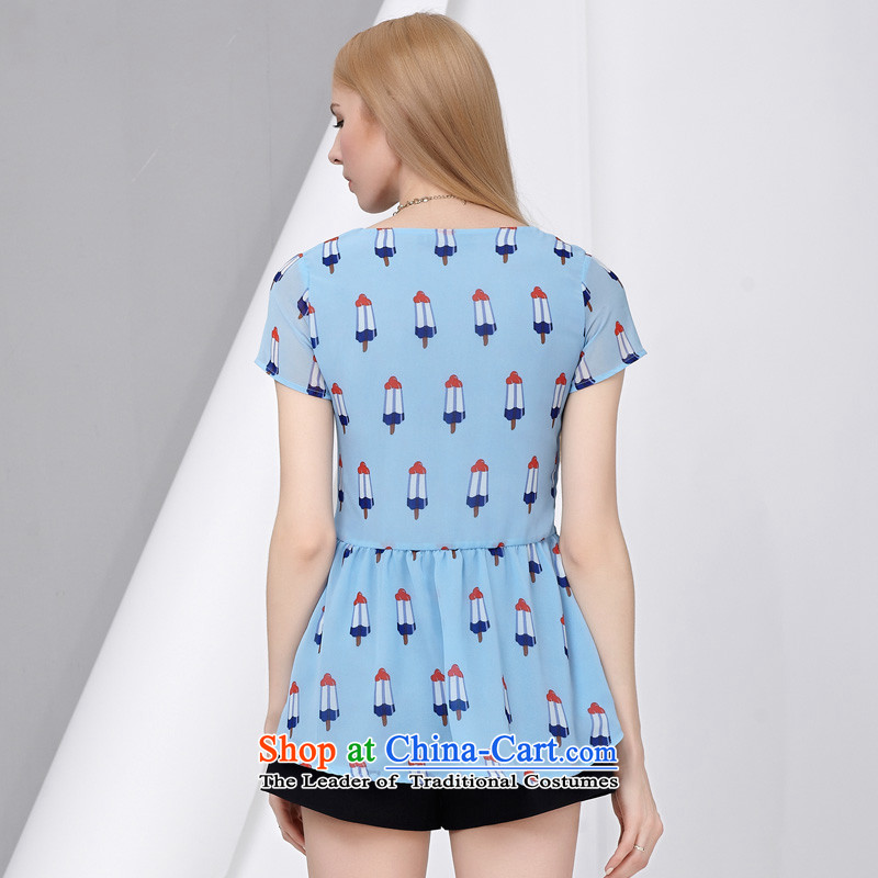 As provided for large female thick MM summer new sweet summer popsicle stamp graphics thin short-sleeved T-shirt chiffon Netherlands 2801 light blue cross-provisions (qisuo, L) , , , shopping on the Internet