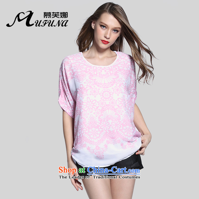 Improving access of 2015 Summer new thick sister large stylish stamp in women's sleeveless loose chiffon shirt T-shirt pink XXXXL 1648