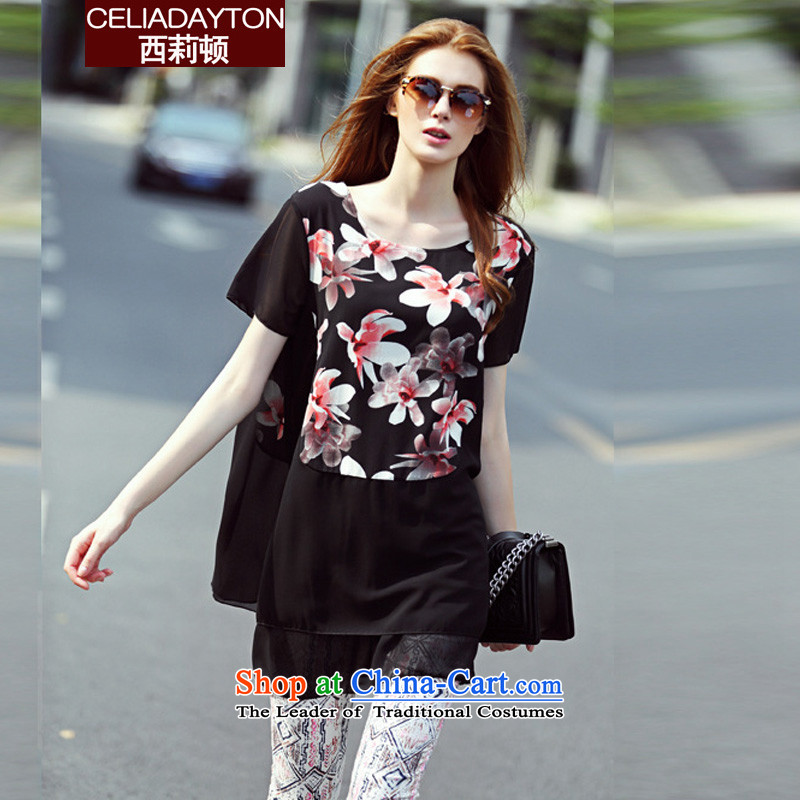 Szili Clinton to increase women's code in long chiffon shirt female short-sleeved 2015 Summer new expertise mm sister stylish stamp leave two kits chiffon dresses black?L