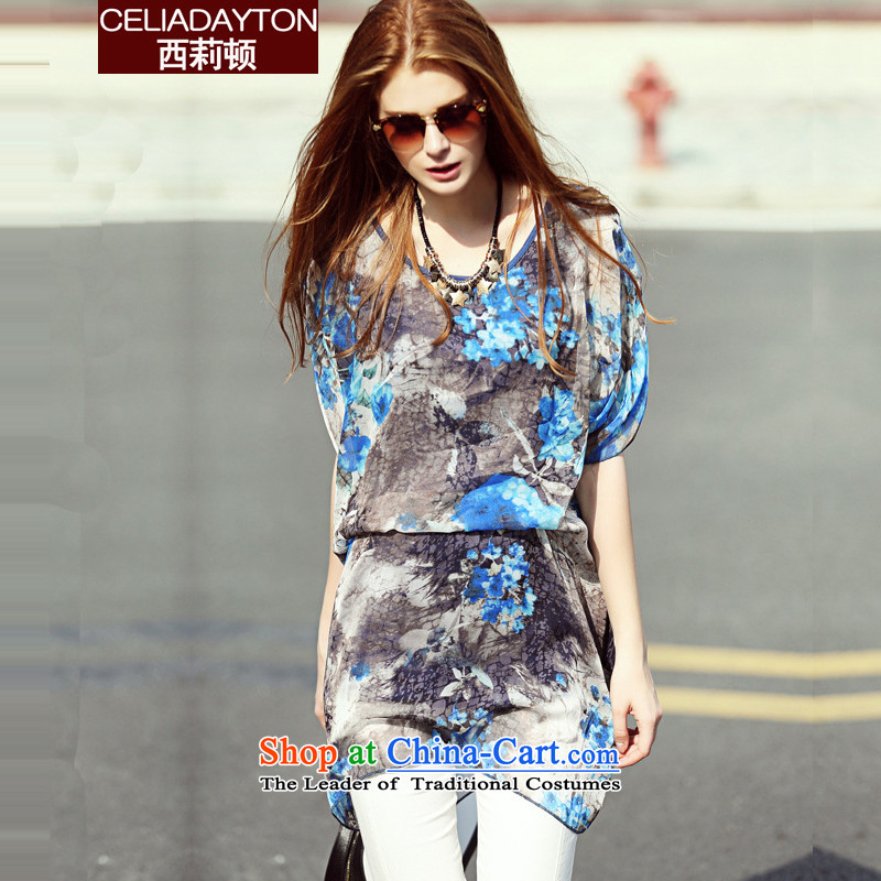 Szili Clinton to increase women's code. long_ chiffon shirt female short-sleeved Summer 2015 mm thick sister loose stamp personality new chiffon suits?XXXL blue skirt