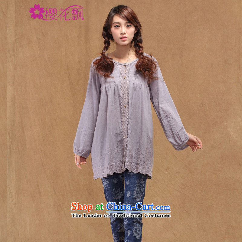 Replace the spring and summer breeze sakura new arts lace round-neck collar Korean version of large numbers of ladies' women's long-sleeved shirt are light gray code