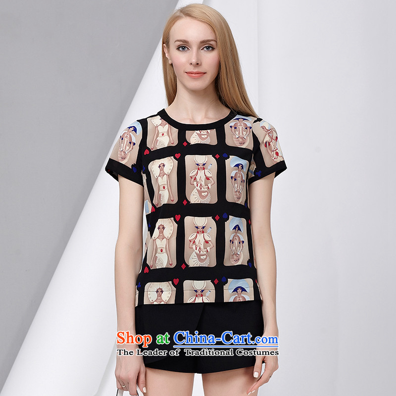 As provided for large 2015 women wear thick MM summer new Korean poker stamp graphics thin short-sleeved T-shirt chiffon Netherlands 2850 Black XL, Yee (qisuo provisions) , , , shopping on the Internet