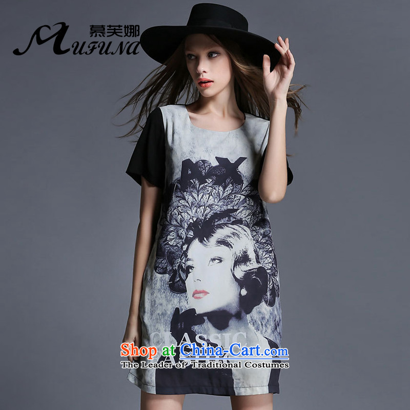 Improving access of 2015 Summer new mm thick larger women's fashion stamp loose short-sleeved round-neck collar dresses chiffon skirt thin black XXXL 1907