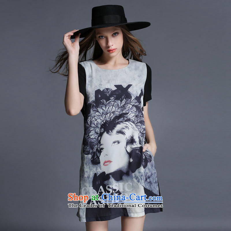 Improving access of 2015 Summer new mm thick larger women's fashion stamp loose short-sleeved round-neck collar dresses chiffon skirt thin black XXXL, 1907 improving access (MUFUNA) , , , shopping on the Internet