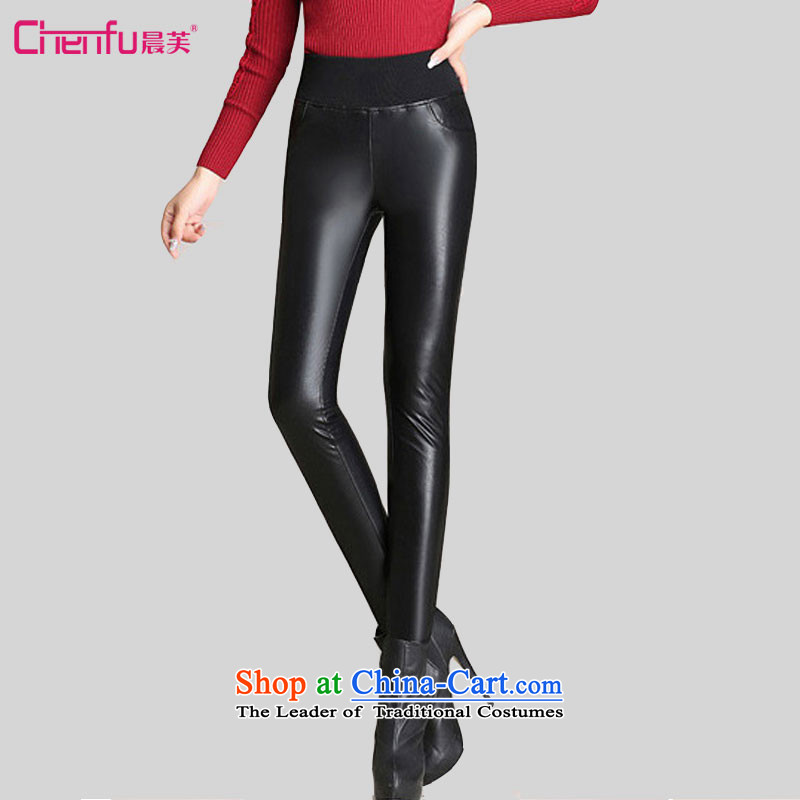 Morning to 2015 winter new Korean version of large numbers of female add PU Coated Thick Wool Pants and stylish high-rise elastic castor trousers gold lint-free warm black leather pants4XL RECOMMENDATIONS 150 - 160131 catty