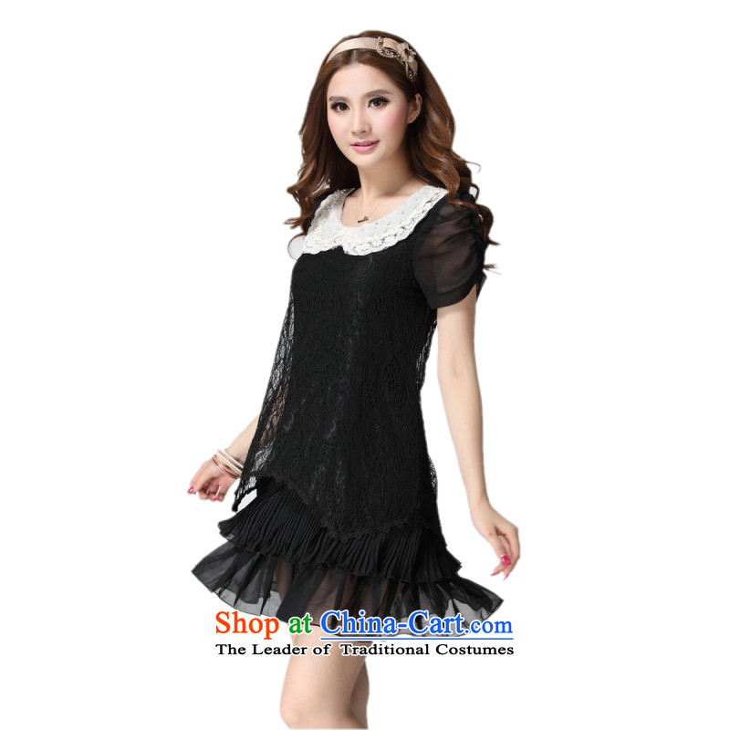C.o.d. Package Mail thick MM larger women 2015 Summer new stylish sexy lapel bubble cuff Ultra video thin Sau San lace dresses?3XL black