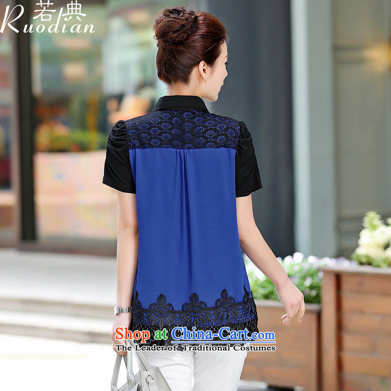 If the code for summer new thick mm larger video Ms. thin reverse collar short-sleeved shirt women chiffon lace Korean stitching blue T-shirt , L, if code (ruodian) , , , shopping on the Internet