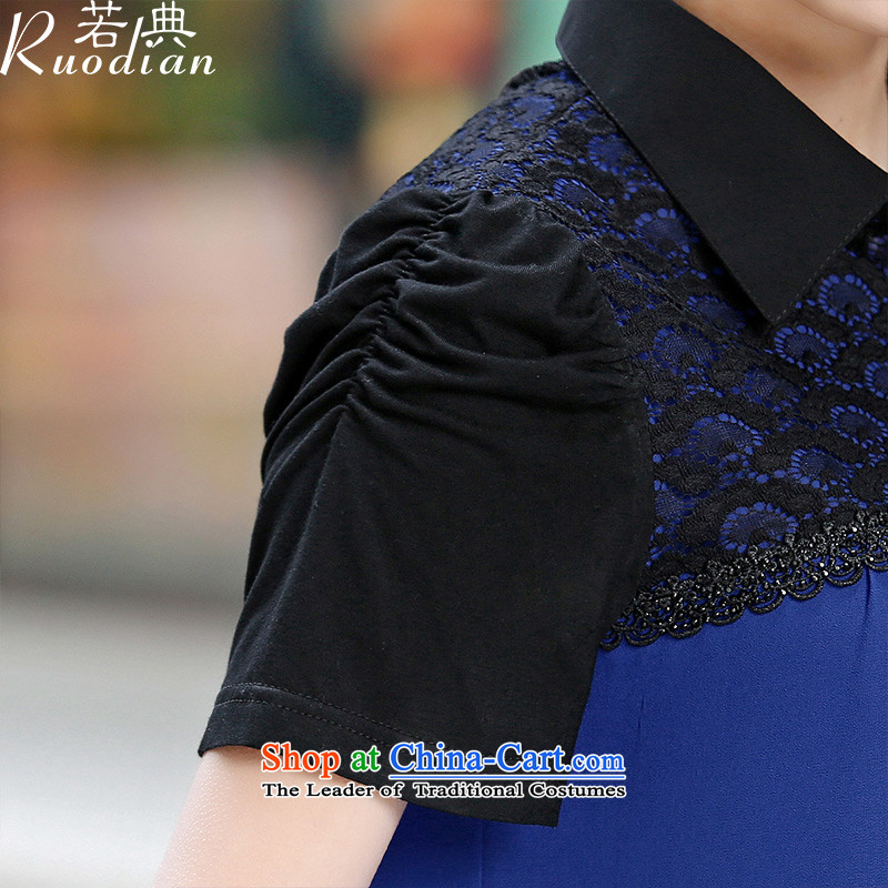 If the code for summer new thick mm larger video Ms. thin reverse collar short-sleeved shirt women chiffon lace Korean stitching blue T-shirt , L, if code (ruodian) , , , shopping on the Internet